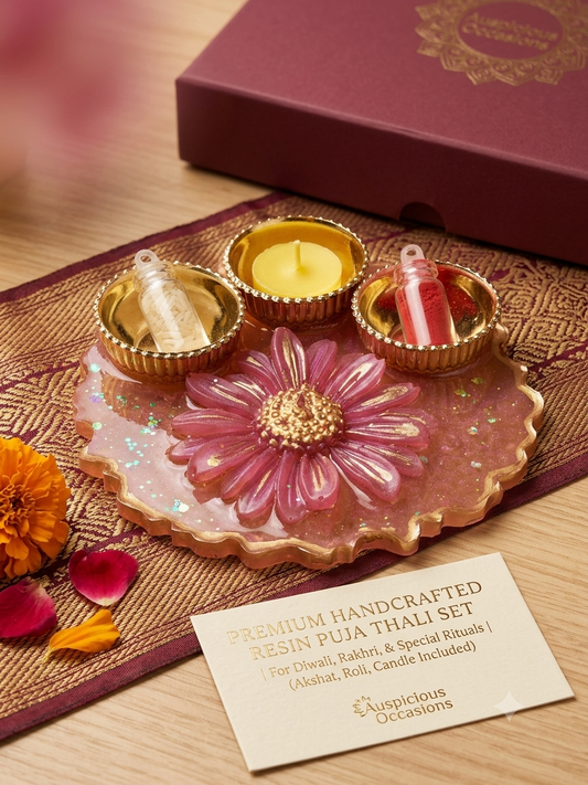Resin daisy flower pooja thali 4 inch with roli chawal and ghee diya
