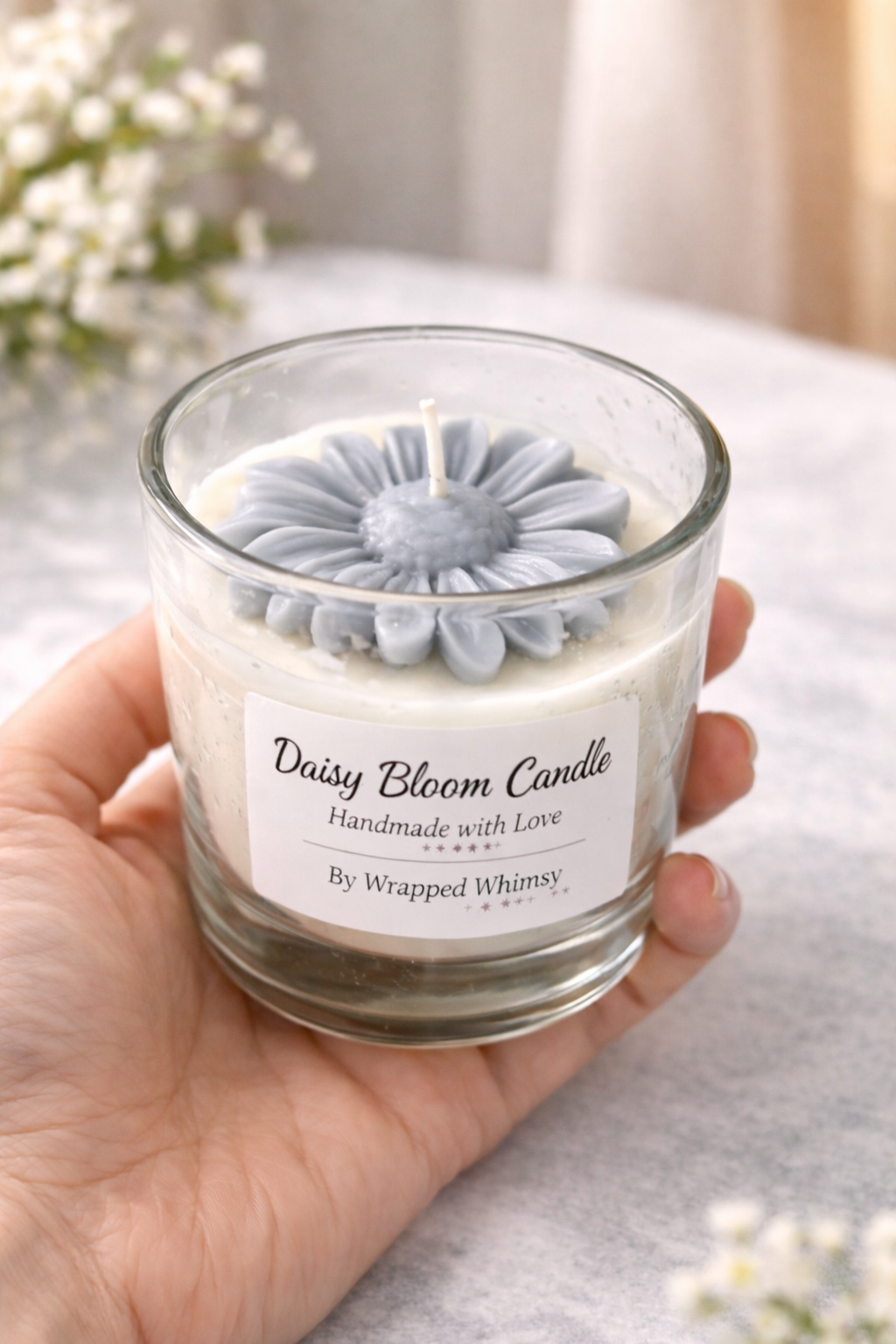 Daisy Bloom Scented Candle | Handmade Flower Glass Jar Candle | Aesthetic Home Décor & Gift