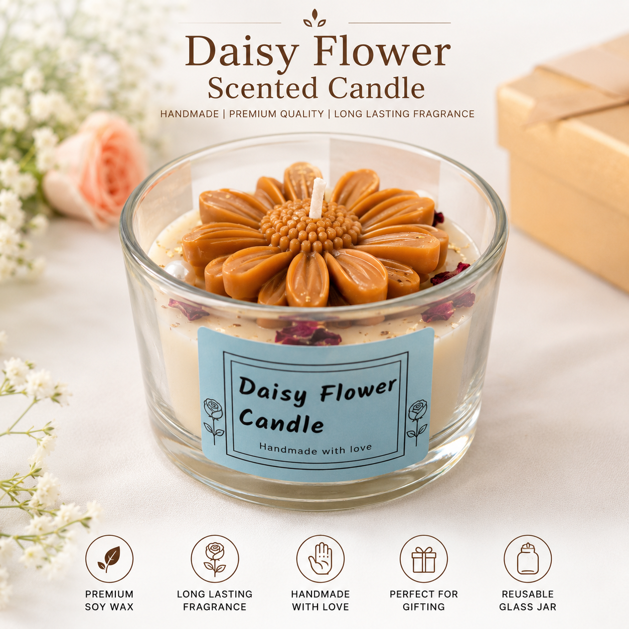 Daisy flower scented candle - Beige, Pack of 1