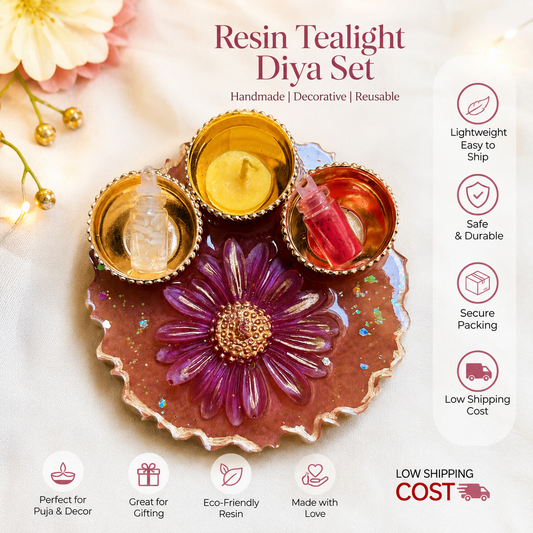 Resin daisy flower pooja thali 4 inch with roli chawal and ghee diya