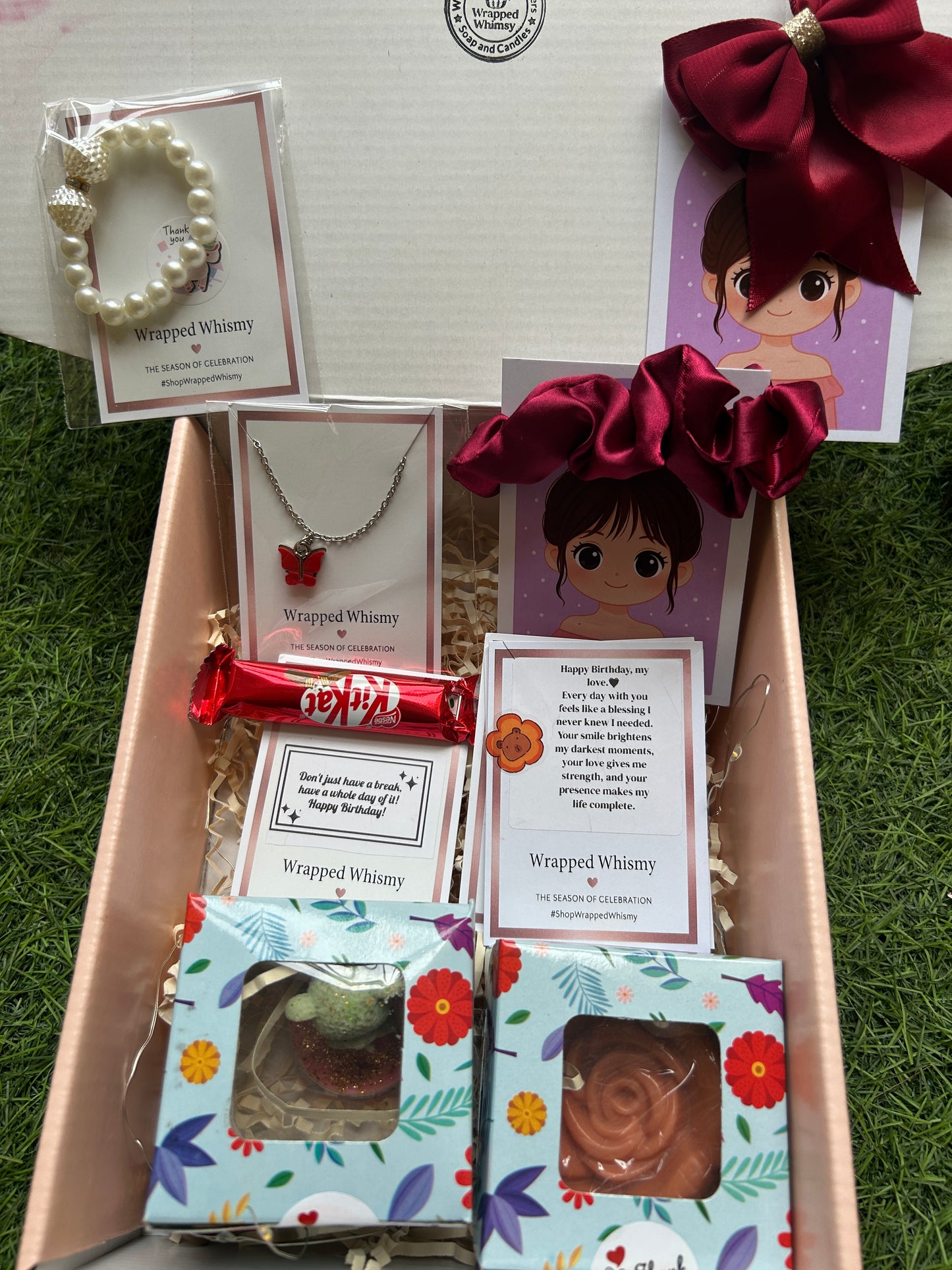 Cute Birthday Gift Hamper Box for Girls | Jewellery + Candle + Soap + Chocolate | Wrapped Whimsy Surprise Gift Box for Her