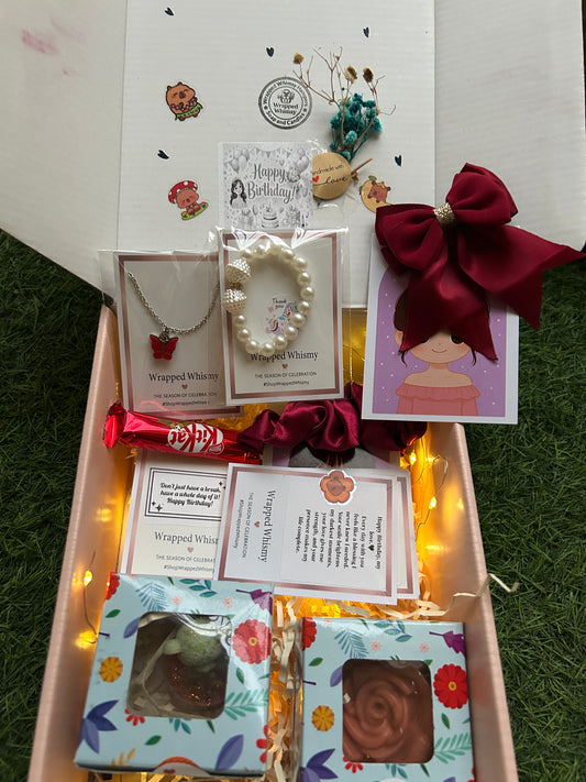 Cute Birthday Gift Hamper Box for Girls | Jewellery + Candle + Soap + Chocolate | Wrapped Whimsy Surprise Gift Box for Her