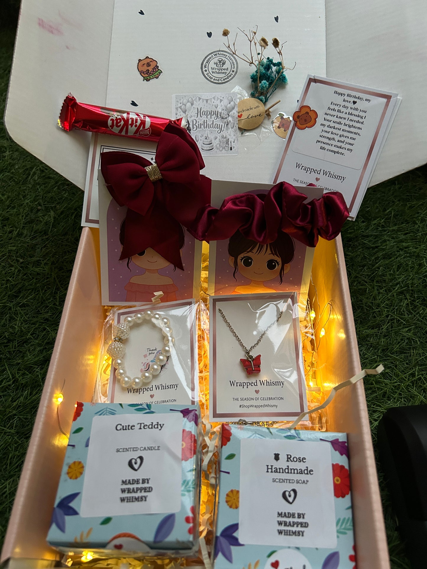 Cute Birthday Gift Hamper Box for Girls | Jewellery + Candle + Soap + Chocolate | Wrapped Whimsy Surprise Gift Box for Her